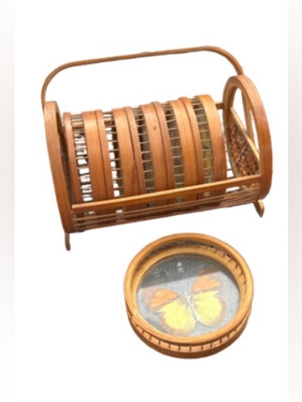 Vintage pressed butterfly Bamboo Coaster Set w Carousel Holder - Natural Brown